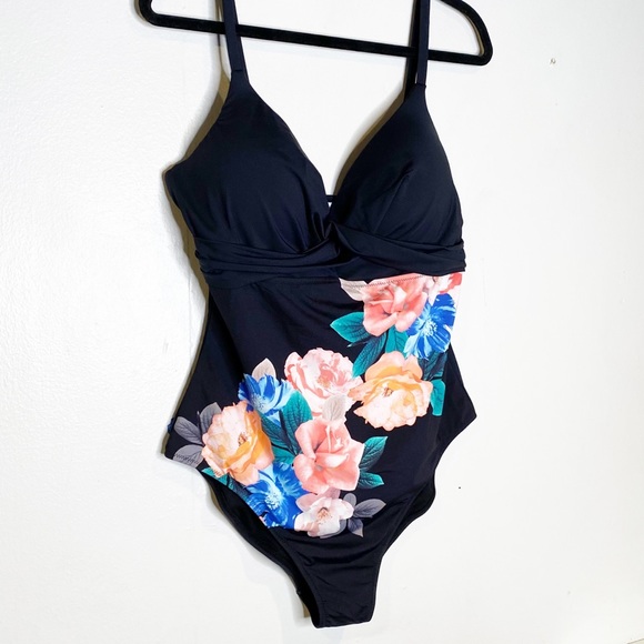 Leilani | NWT Black Floral Gemini Push-Up Underwire One Piece Swimsuit Sz. 14 - Picture 3 of 12